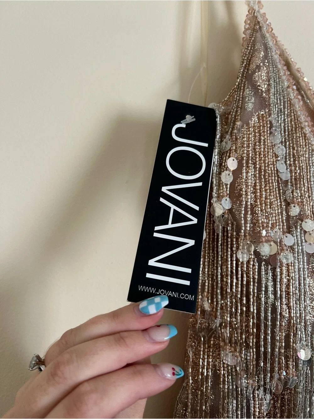 Beaded Fringe Sequin Cocktail Dress - Gold and Blush - Picture 4 of 4